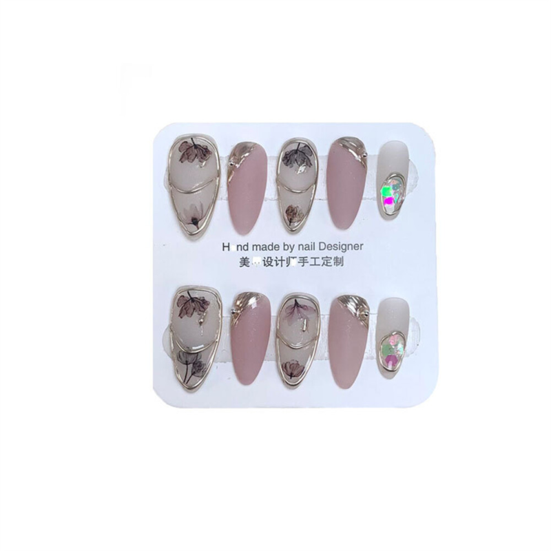 Handmade Fake Nail Dream Flowers Short Almond Press on Nails for Nail Art 10PCS