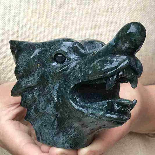 0.77kg Natural moss agate Wolf skull carved Quartz Crystal skull Healing