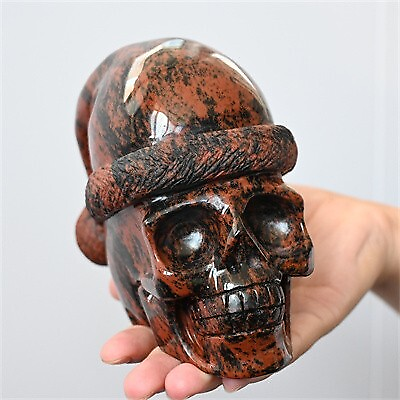 1.02kg Hand Carved Natural Red Obsidian Santa Hat Skull Reiki Crystal Skull Gift