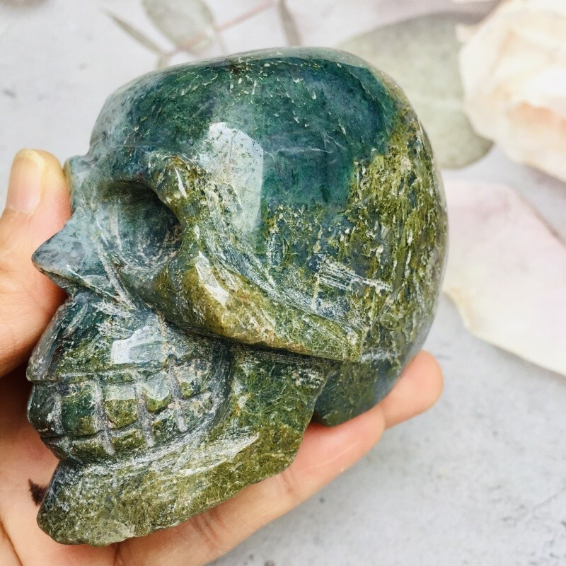 0.423kg moss agate skull Home decoration products crystal