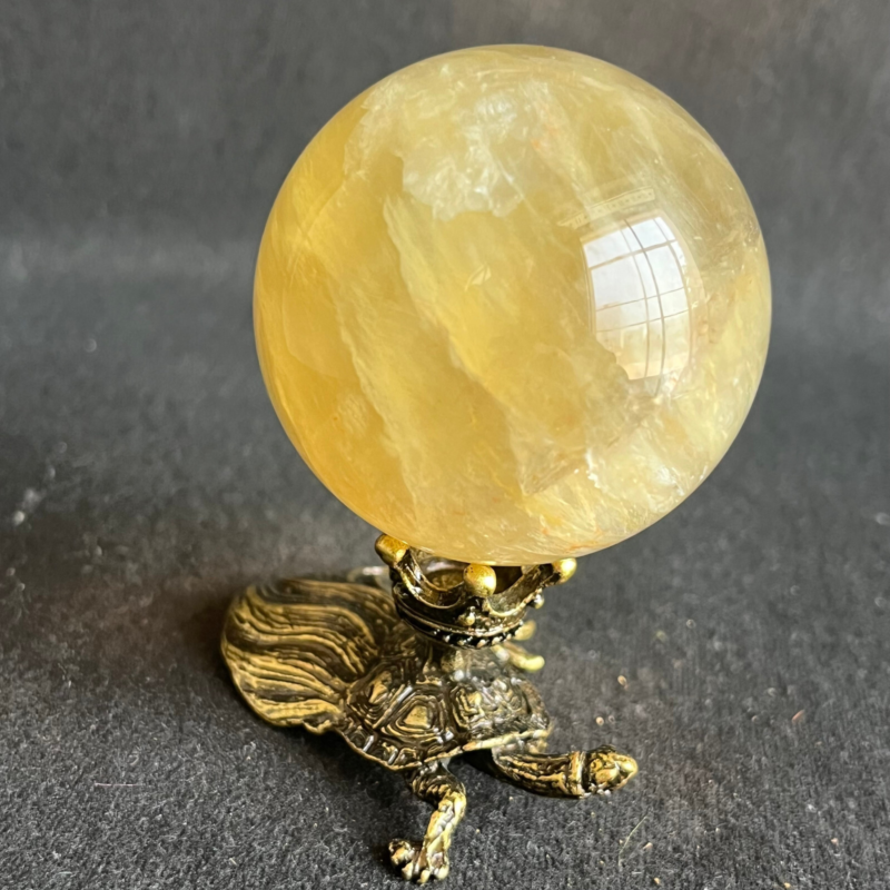 269G  Natural yellow fluorite quartz crystal ball sphere healing+stand