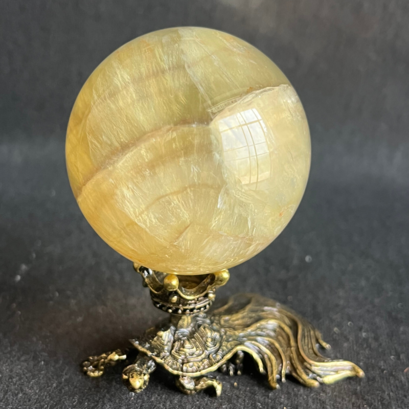 269G  Natural yellow fluorite quartz crystal ball sphere healing+stand
