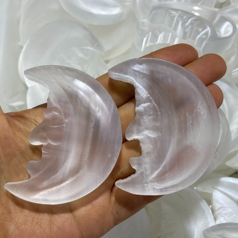 Natural Gypsum Selenite moon Hand Carved Quartz Crystal Reiki healing 1PC