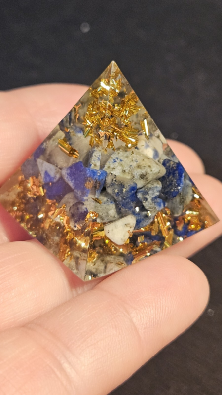 2 Orgonite Resin Pyramids Lapis Lazuli Black Onyx Gold Leaf Stone Chips Reiki
