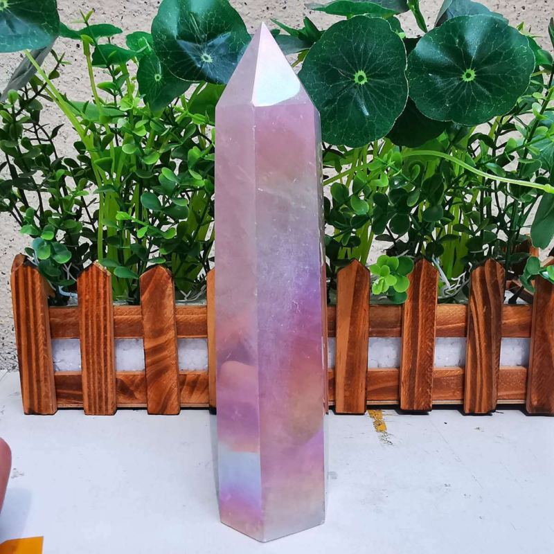 785g electroplated natural pink rose quartz obelisk rainbow crystal point reiki