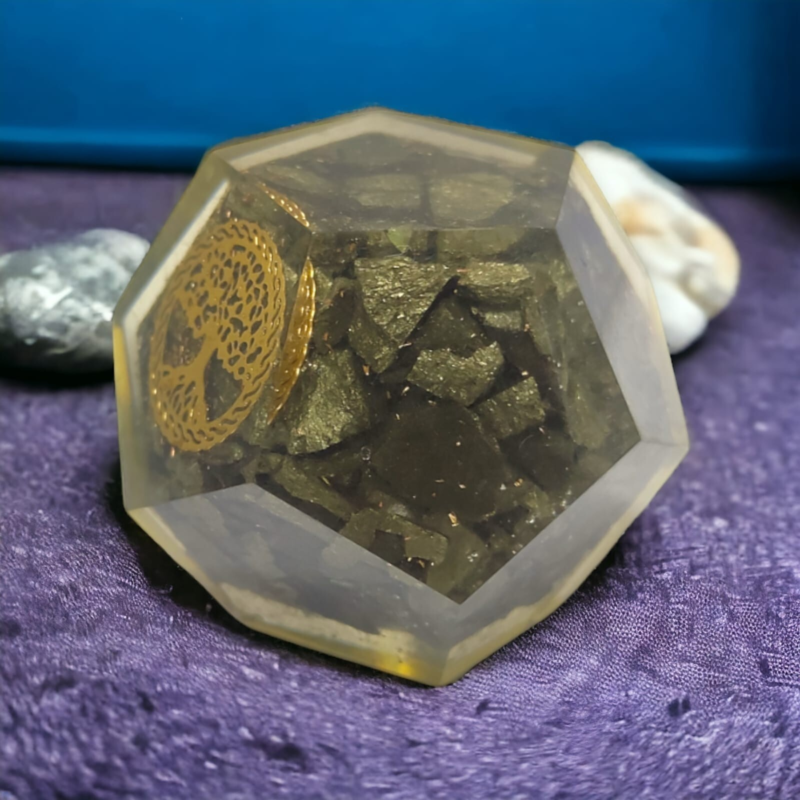Golden Pyrite Orgonite Dodecahedron Crystal Tree Of Life Healing 40-45MM