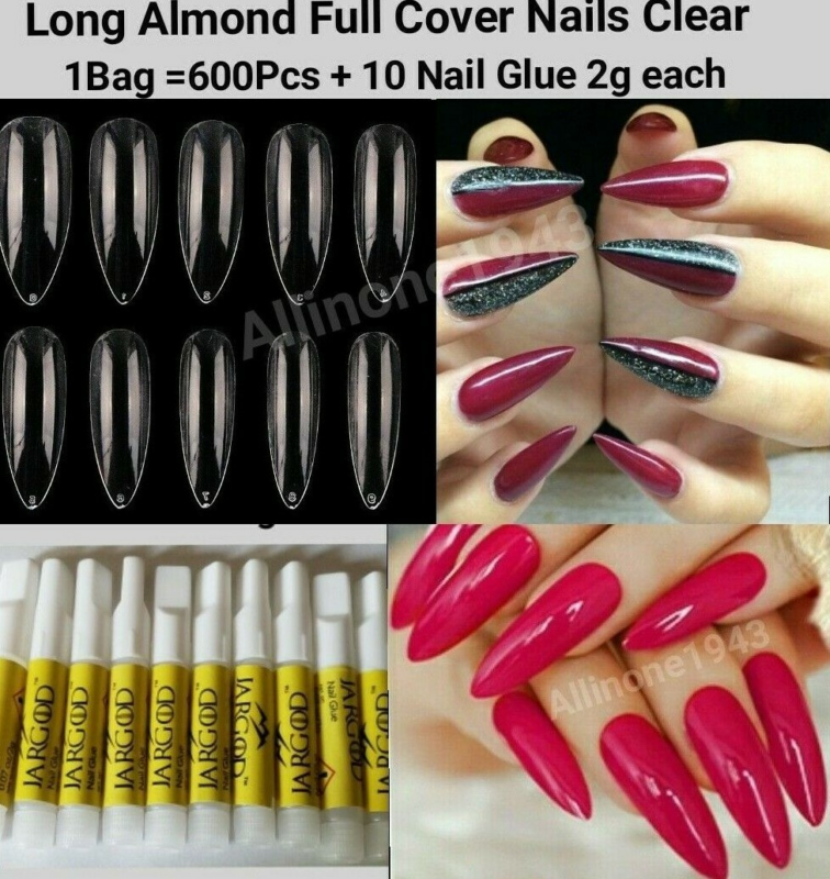 600Pc Long Almond Full Cover artificial Nails Tips Acrylic False Press on Nails