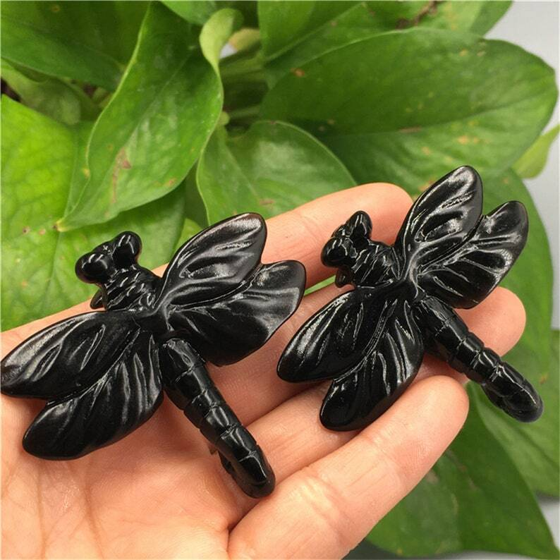 1pc Natural Obsidian Quartz Dragonfly Crystal Hand Carved animal Heal collection