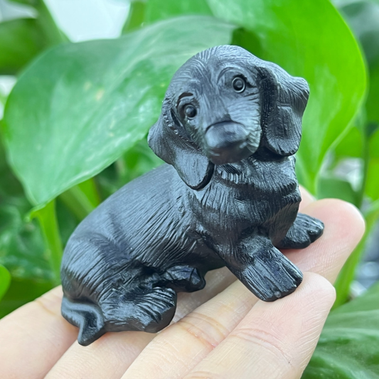 1pc Natural obsidian dachshund dog carved quartz crystal animal skull Reiki 2"