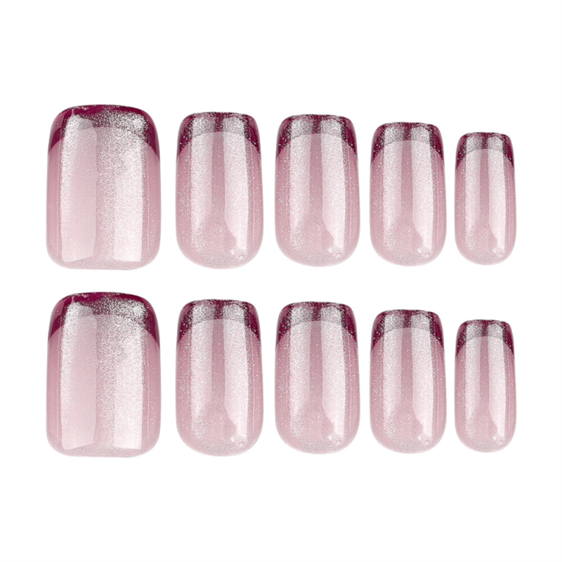 Square Short Press-On False Nail Nude Color Cat&apos;s Eye Red French Manicure 24pcs