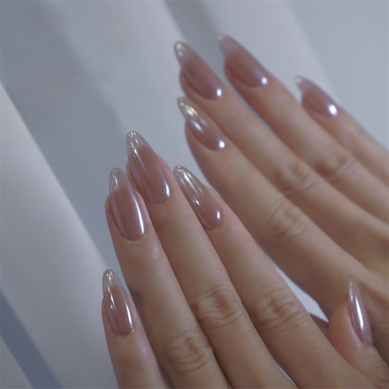 Pure Color Mirror False Nail Short Almond Press on Nails for Nail Art 24pcs