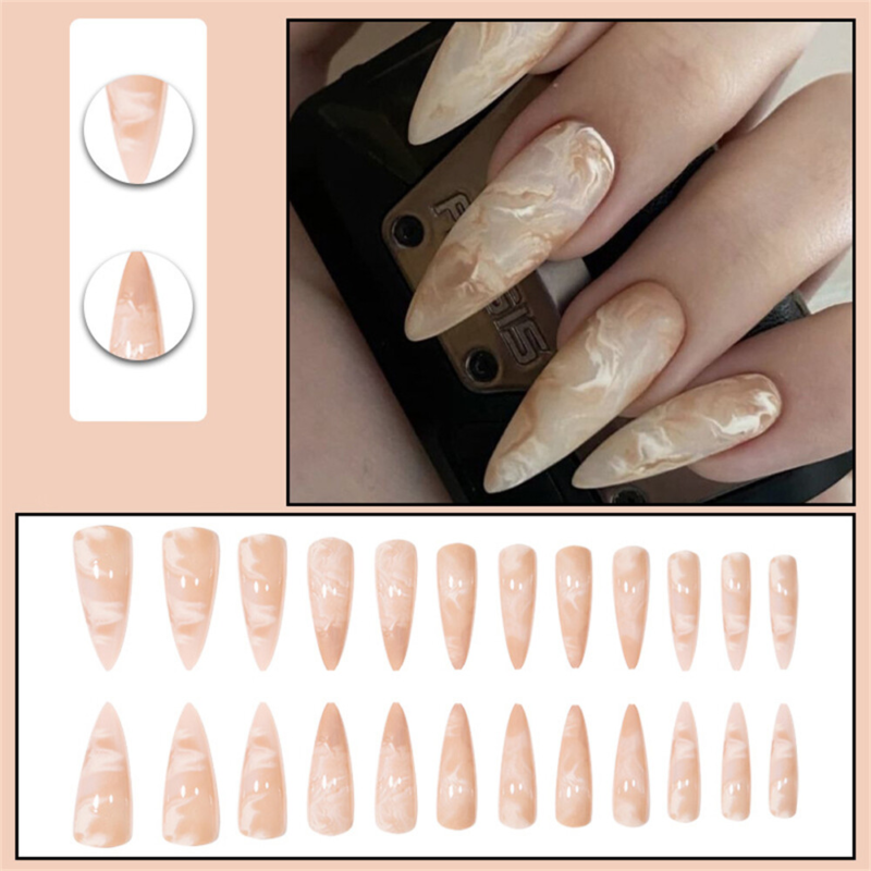 Marbling Blooming False Nail Nude Color Sharp Press on Nails for Nail Art 24pcs
