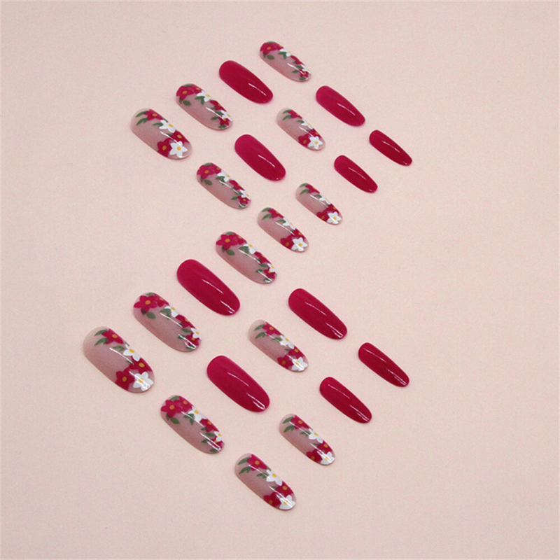 Retro Flowers False Nail Short Almond Autumn Press on Nails for Nail Art 24pcs