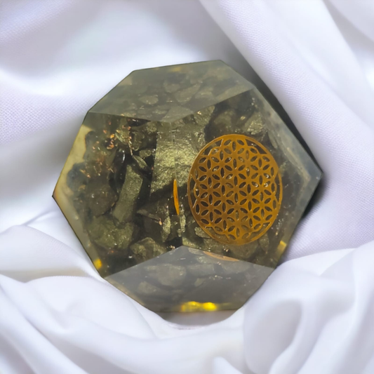 Golden Pyrite Orgonite Dodecahedron Crystal Flower Of Life Healing 40-45MM