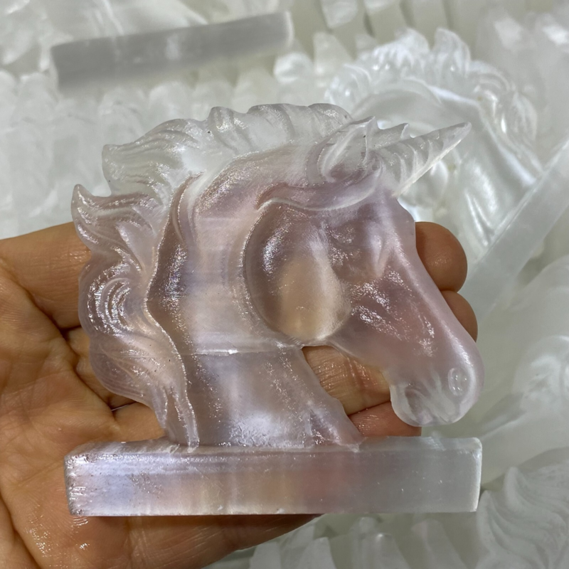 Natural Gypsum Selenite unicorn Hand Carved Quartz Crystal Reiki healing 1PC