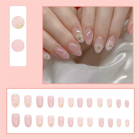 24pcs Dream Glitter Pink False Nail Almond Short Press on Nails for Nail Art