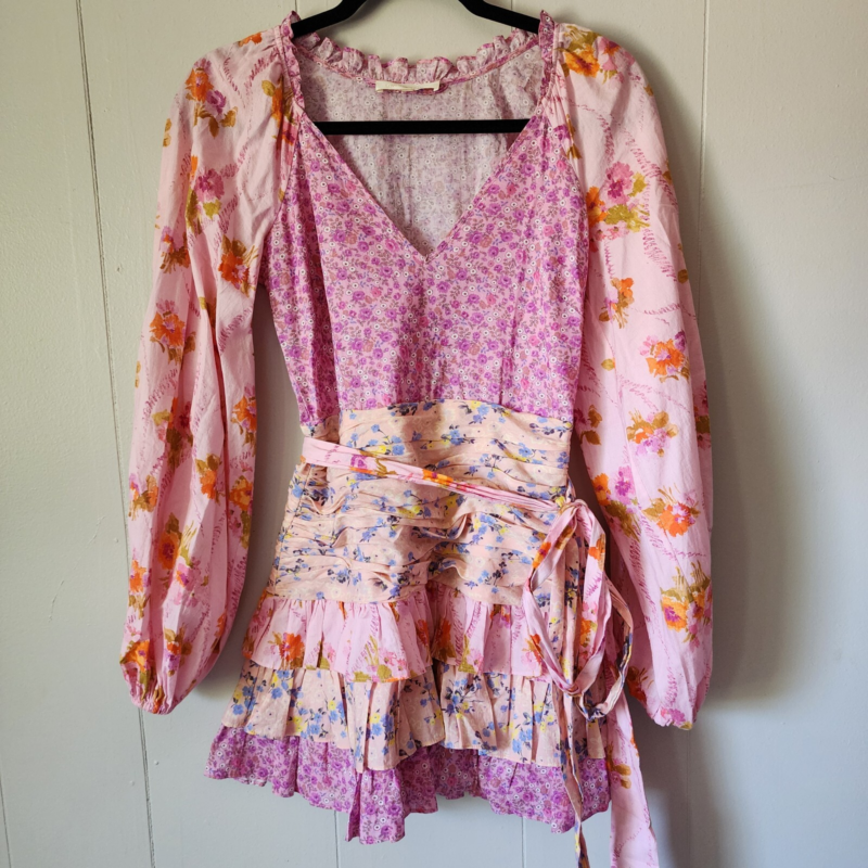 LOVESHACKFANCY Rina Floral Print Ruffled Mini Dress, Exploded Pink Size 00