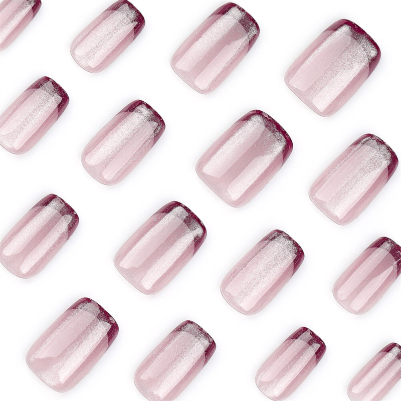 Square Short Press-On False Nail Nude Color Cat&apos;s Eye Red French Manicure 24pcs