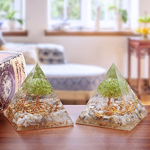 Handmade Tree of Life Orgone Crystal Pyramid, Healing Stone Grey/Labradorite