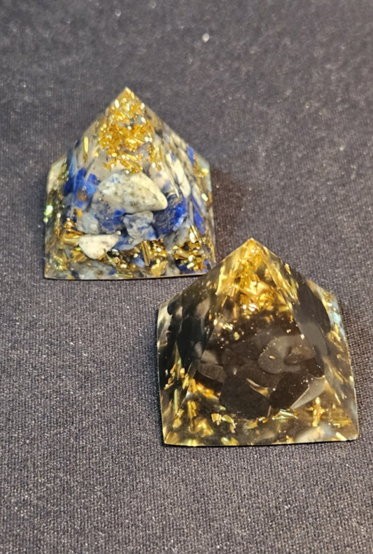 2 Orgonite Resin Pyramids Lapis Lazuli Black Onyx Gold Leaf Stone Chips Reiki