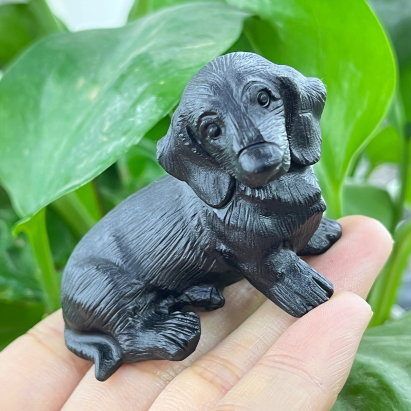 1pc Natural obsidian dachshund dog carved quartz crystal animal skull Reiki 2"
