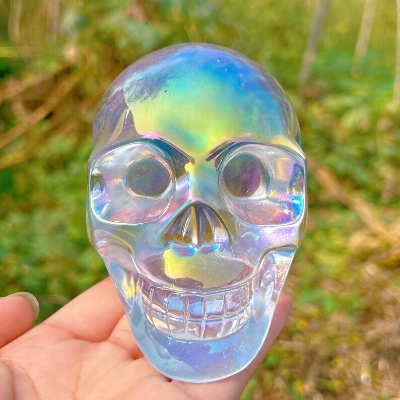 Titanium Rainbow Clear Melting stone Crystal Skull Reiki Heal Mineral Samples