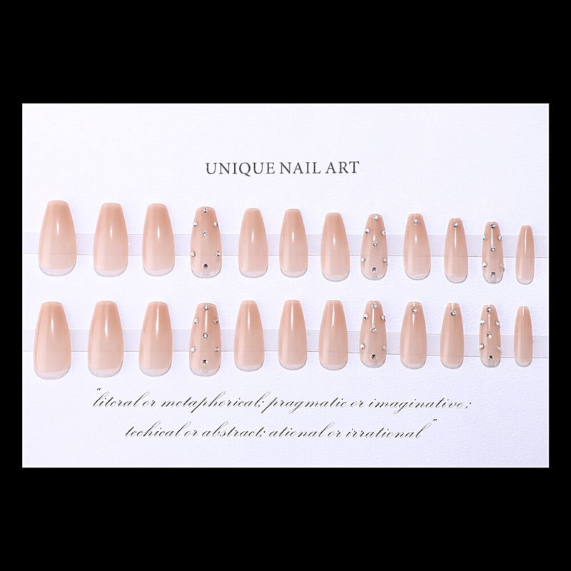 Coffin Long Press-On Fake Nail Sparkling Diamonds Nude Color Manicure 24pcs
