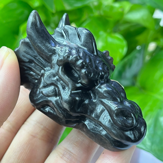 1pc Natural Silver obsidian Dragon hand Carved quartz crystal animal skull 2"+