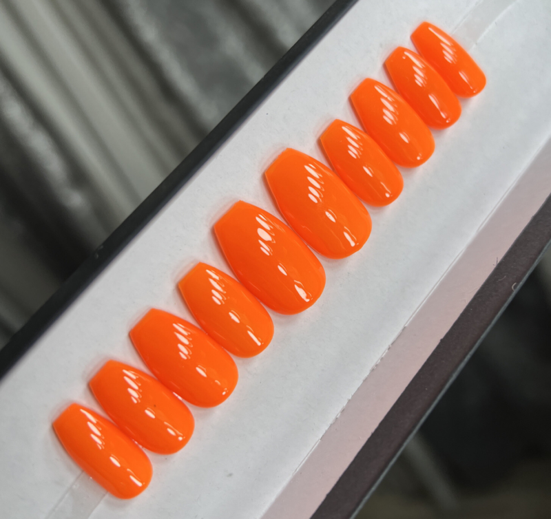 CUSTOM Gel Press On Nails, BLAZING ORANGE , ￼Ballerina short, 10p Set W KIT