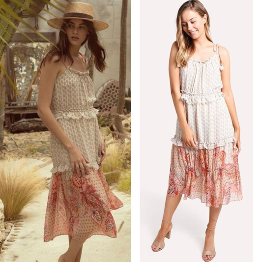 NWT MISA Los Angeles Floral Paisley Dionica Ruffle Trim Tiered Midi Dress Sz M