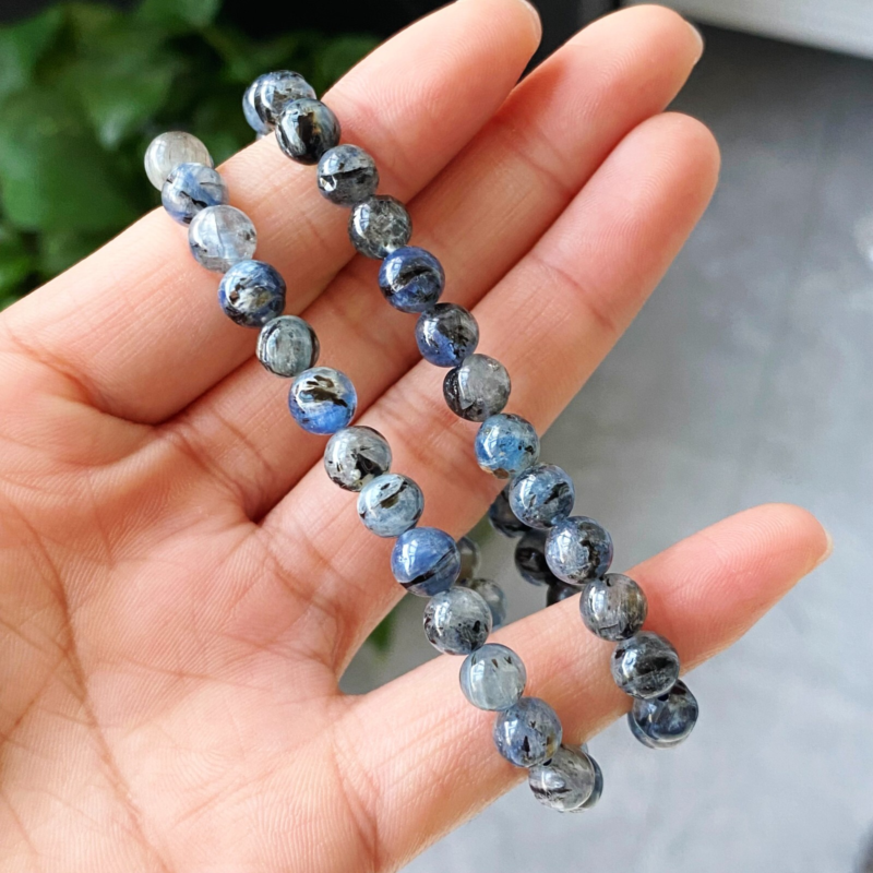6mm 2pcs Natural Blue Kyanite Cat Eye Crystal Stretch Beads Bracelet AAA