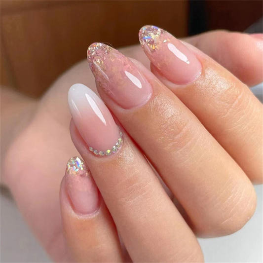Glitter Gradient Pink False Nail Short Almond Press on Nails for Nail Art 24pcs