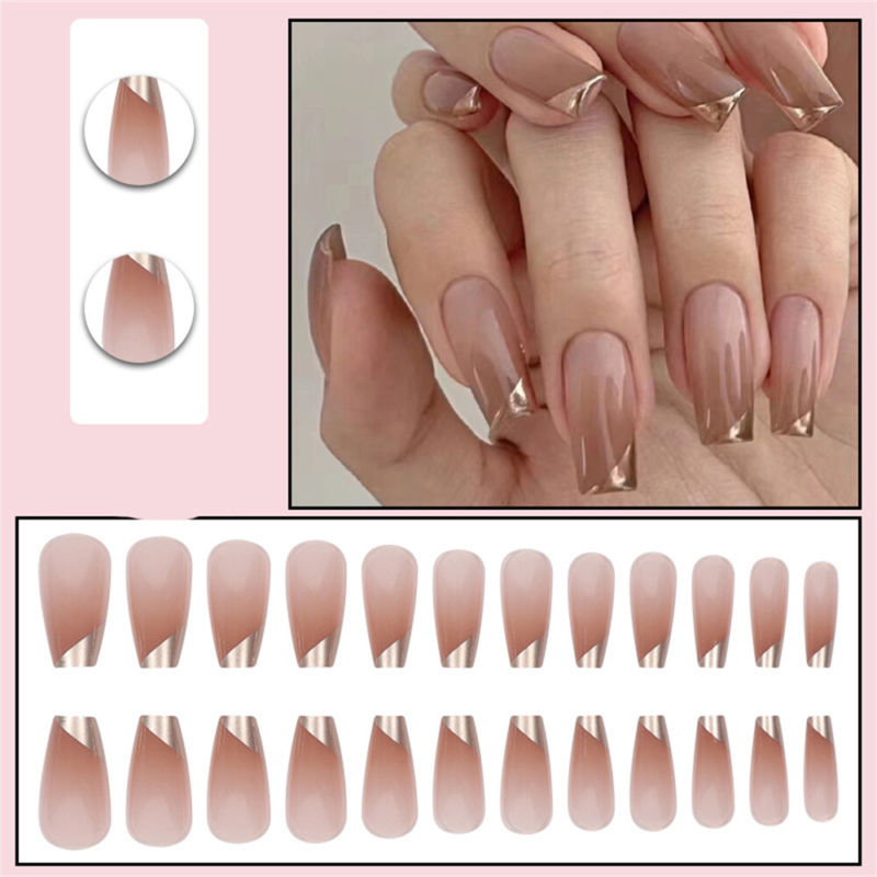 French Gold Nude Color Fake Nail Medium Coffin Press on Nails for Nail Art 24pcs