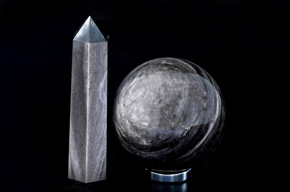 High quality silver Obsidian sphere and point - Height: 8.5 cm - Width: 2.2 cm- 291 g - (2)