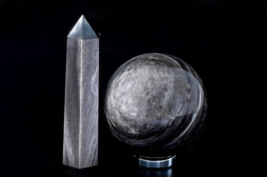 High quality silver Obsidian sphere and point - Height: 8.5 cm - Width: 2.2 cm- 291 g - (2)