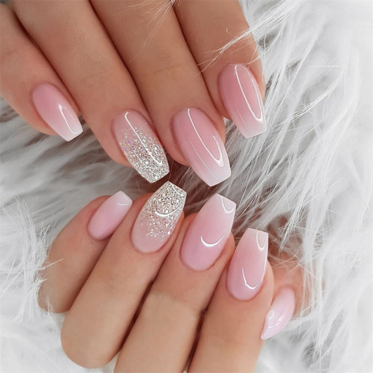 Pink Color Glitter False Nail Short Coffin Press on Nails for Nail Art 24pcs