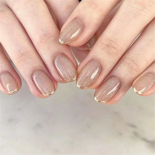 Shiny Gold French False Nail Short Almond Press on Nails for Nails Art 24pcs