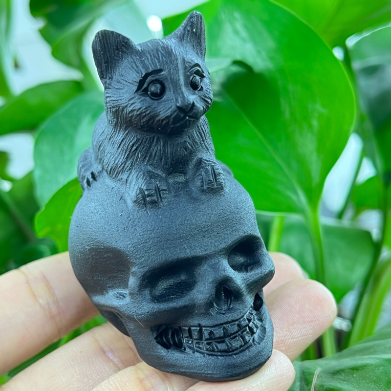 1pc Natural obsidian cat hand carved quartz crystal animal skull Reiki gift 2"