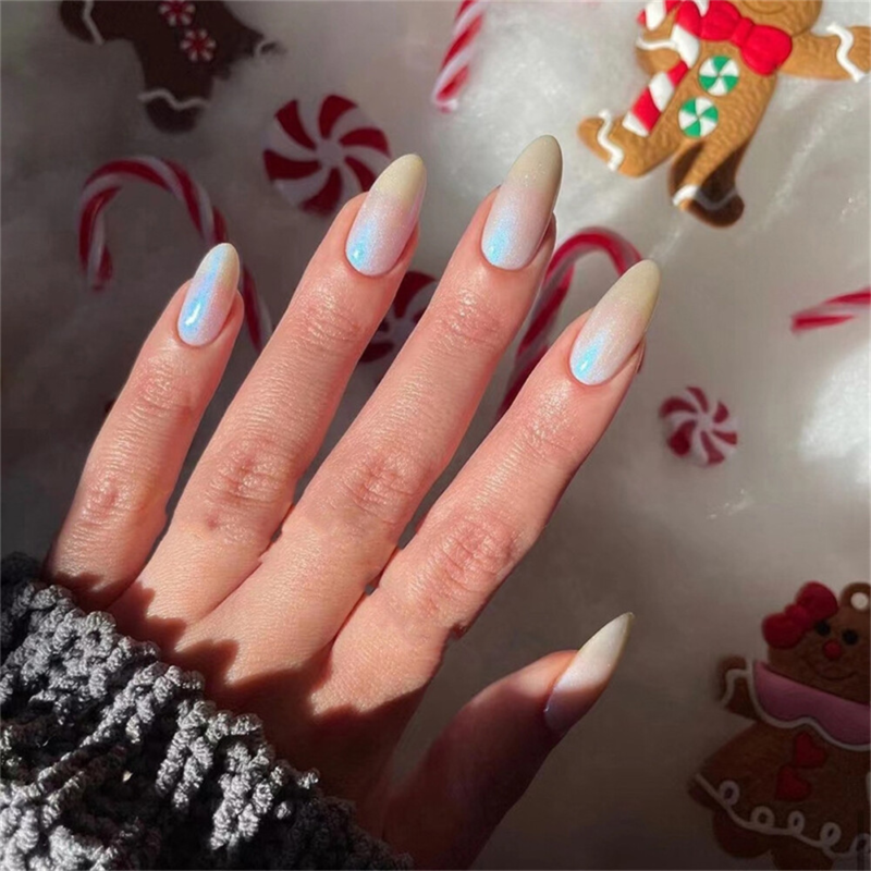 Pearl Rainbow Aurora False Nail Long Almond Press on Nails for Nail Art 24pcs