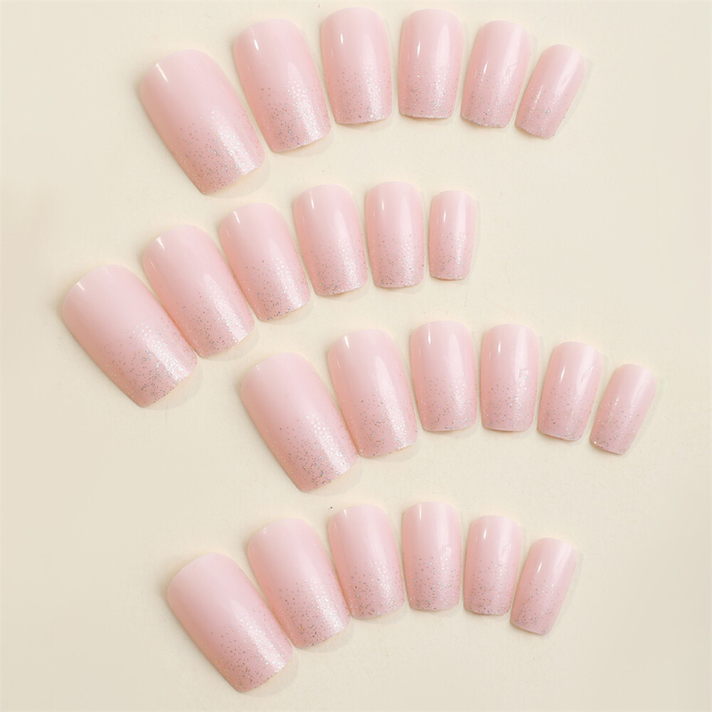Glitter Pink Color False Nail Medium Square Press on Nails for Nail Art 24pcs