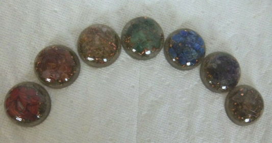 Set Of 7 Chakra Orgone domes For Reiki Healing chakra balancing w/chakra symbols