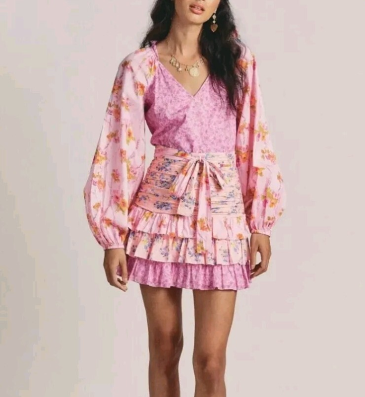 LOVESHACKFANCY Rina Floral Print Ruffled Mini Dress, Exploded Pink Size 00