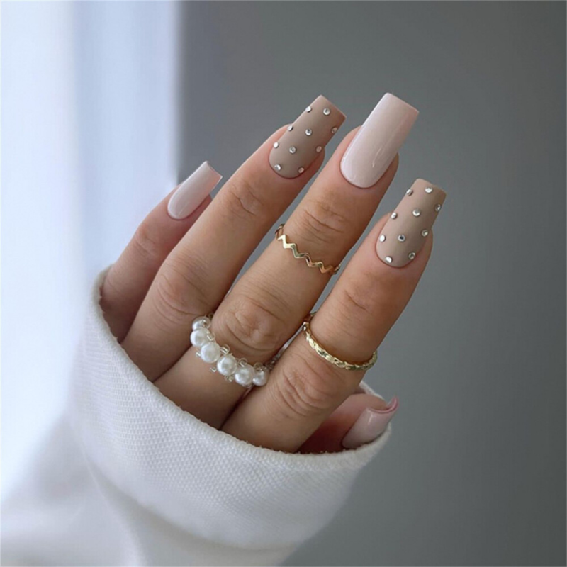 Square False Nail Nude Color with Diamond Press on Nails for Nail Art 24pcs