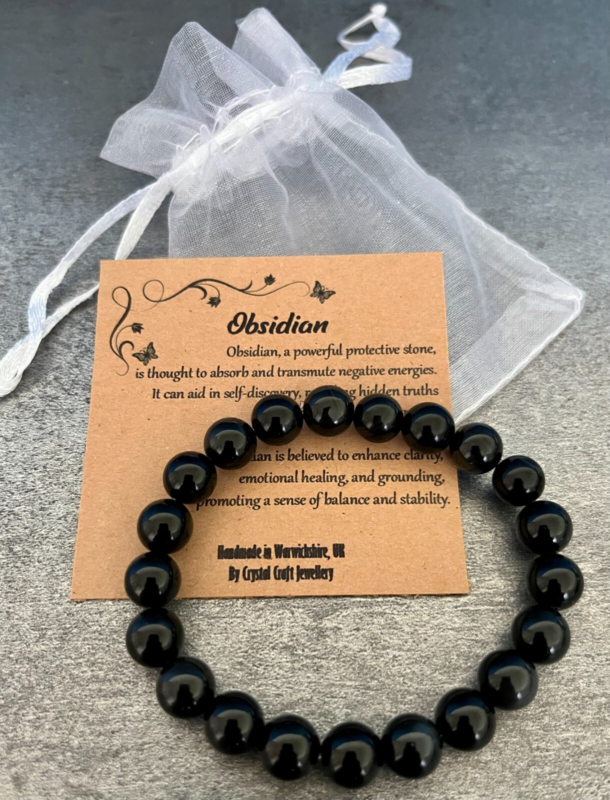 OBSIDIAN Bracelet Stretch Fit Handmade With Gift Bag & Card Crystal Gemstone 8mm