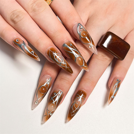Winter Brown Blooming False Nail Long Almond Press on Nails for Nail Art 24pcs
