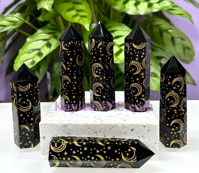 Wholesale Lot 1 Lb Natural Black Obsidian Etched Moon & Star Obelisk Tower Point