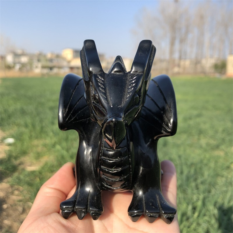 0.63kg Natural obsidian Quartz hand Carved Flying dragon crystal Reiki healing