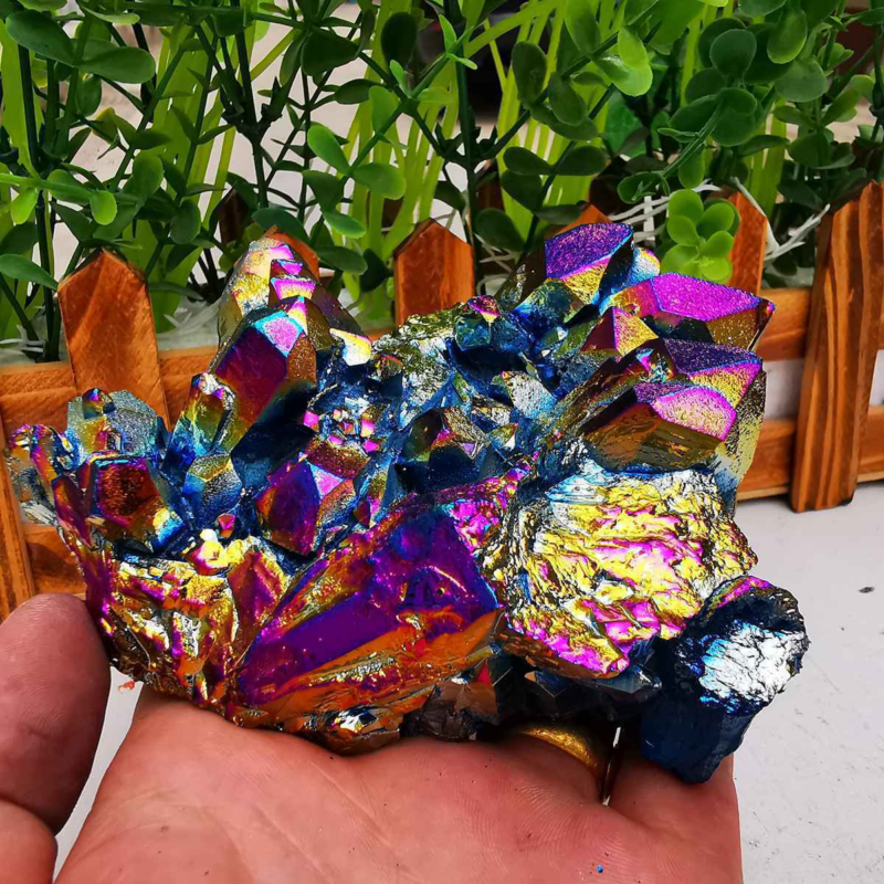 380gColor Flame Aura Electroplate Quartz Crystal Cluster Specimen Healing Stone