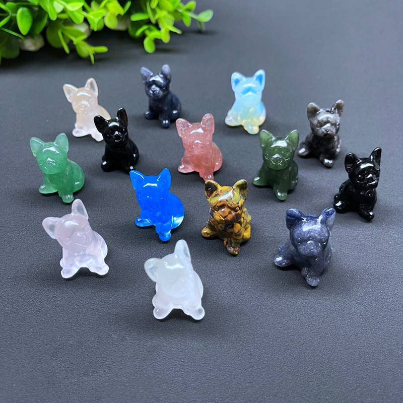 Natural Quartz Crystal Carved Rough Stone French Bulldog Healing Animal Decor