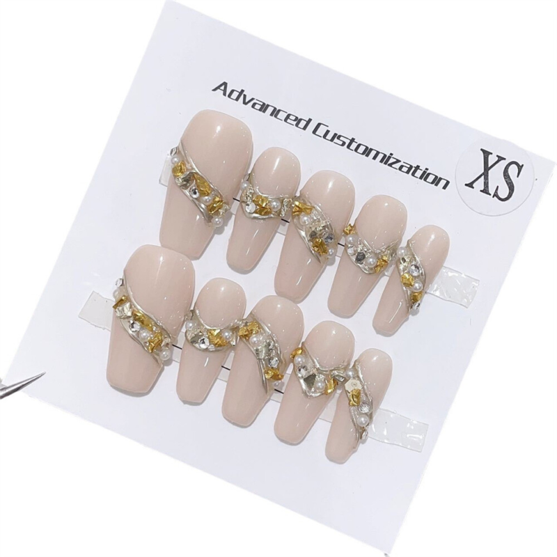 10PCS Handmade Fake Nail Nude Color Sparkling Coffin Press on Nails for Nail Art
